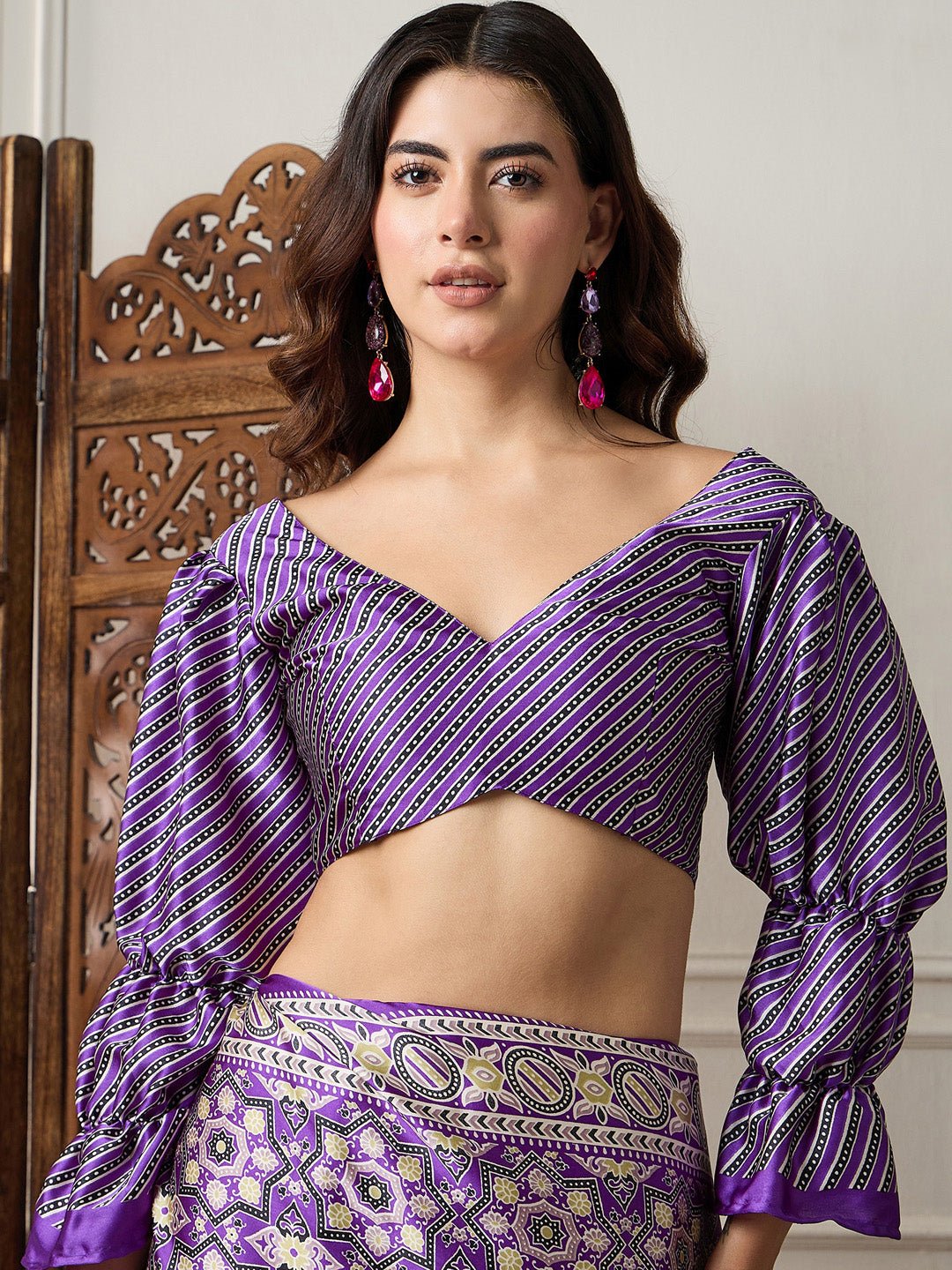 Purple Ajrakh Print Satin Silk Saree - Ressa