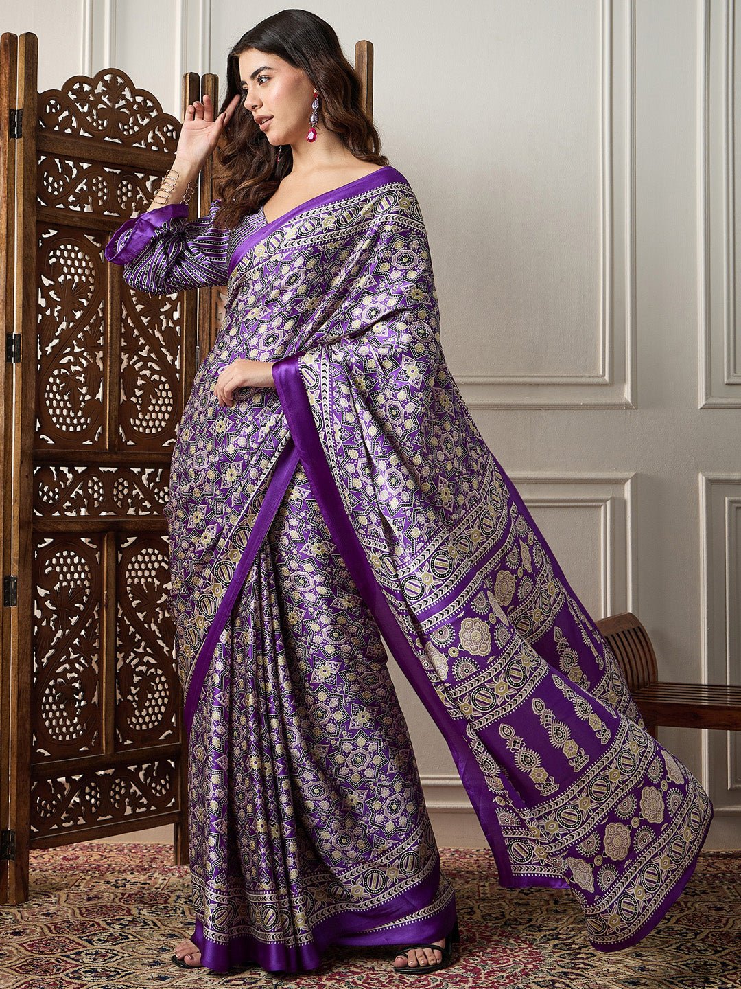 Purple Ajrakh Print Satin Silk Saree - Ressa