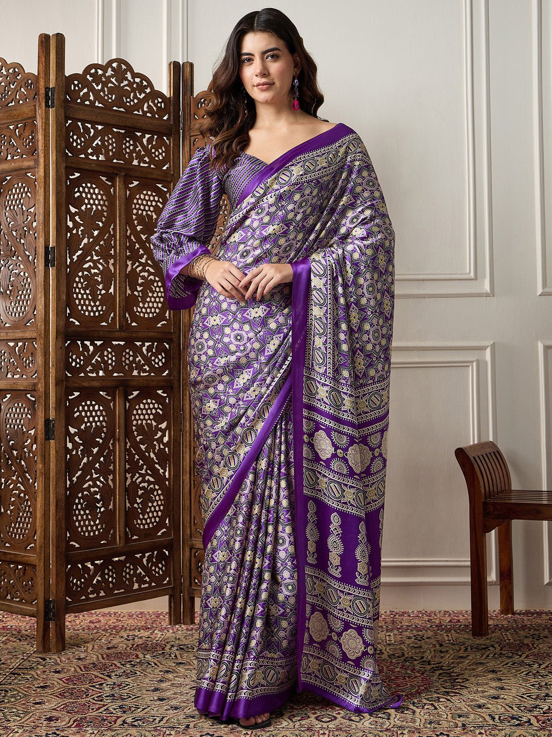 Purple Ajrakh Print Satin Silk Saree - Ressa