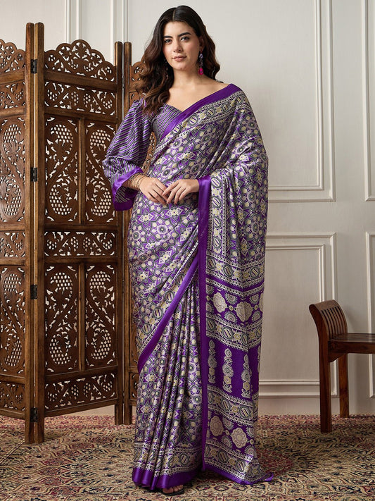 Purple Ajrakh Print Satin Silk Saree - Ressa