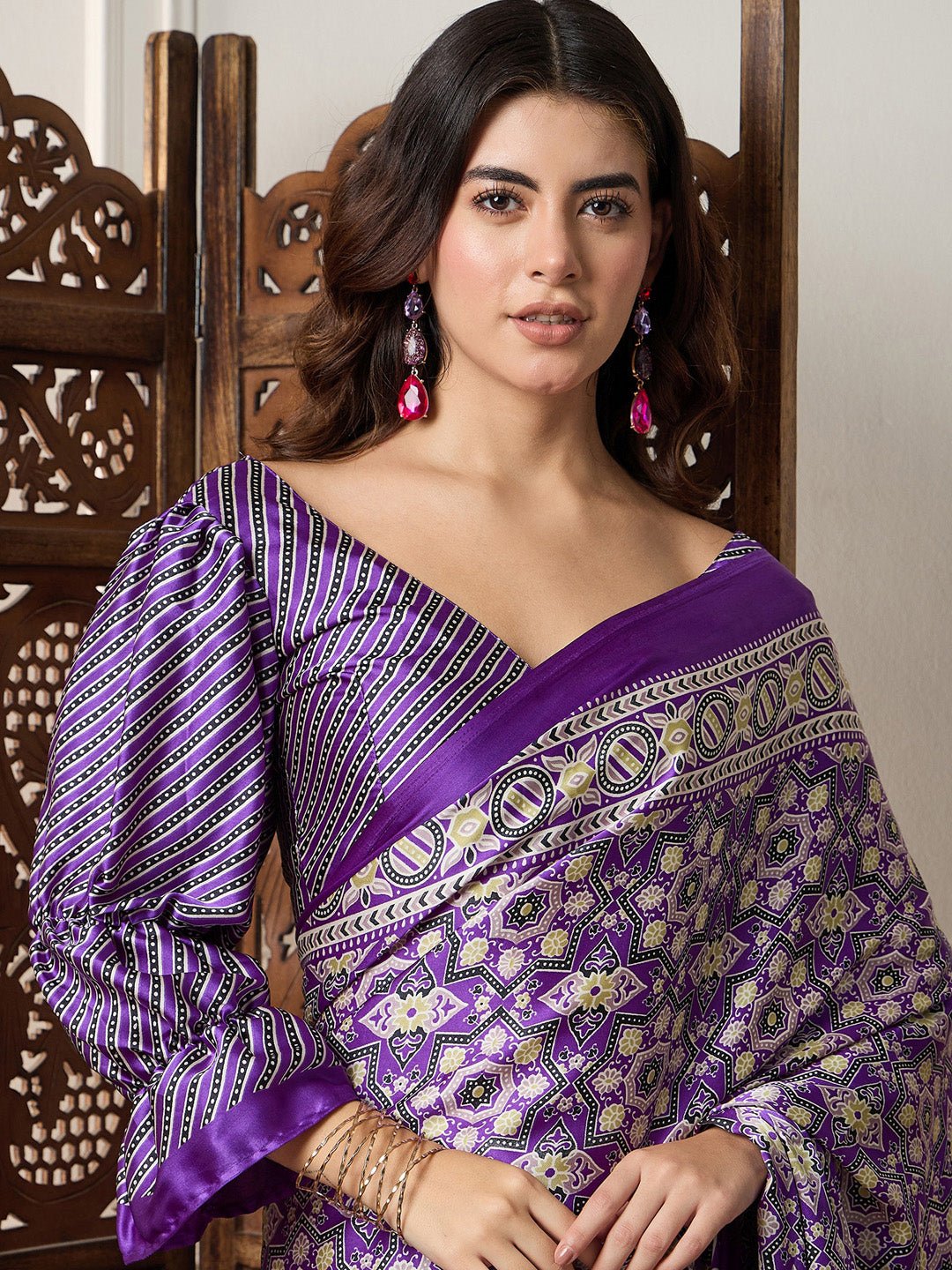 Purple Ajrakh Print Satin Silk Saree - Ressa