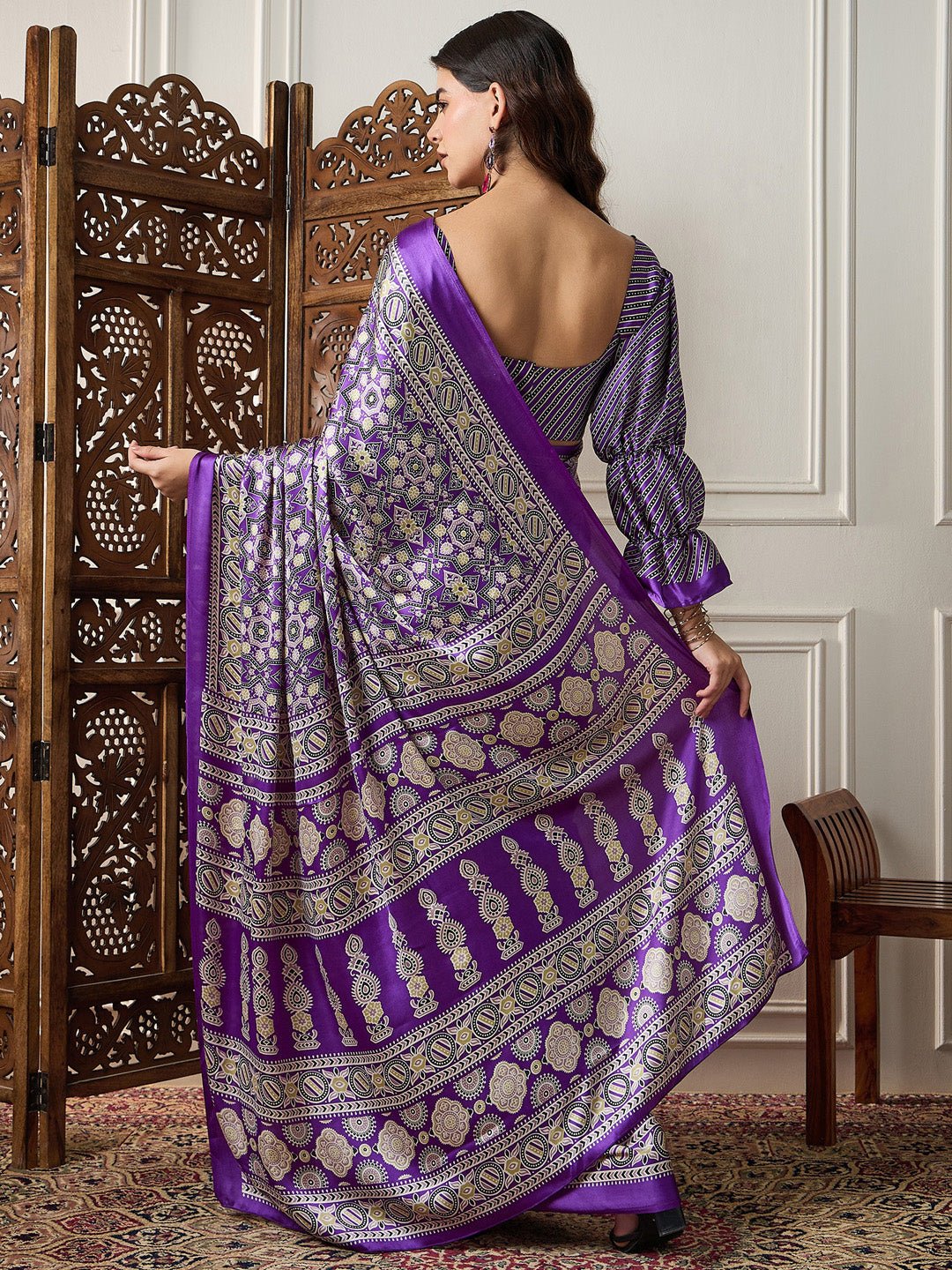 Purple Ajrakh Print Satin Silk Saree - Ressa