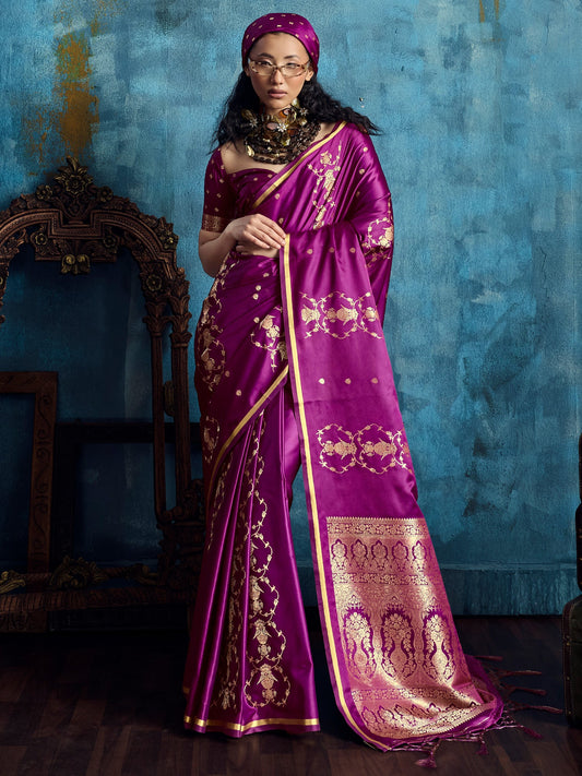 Purple Banarasi Silk Saree with Heritage Motifs - Ressa