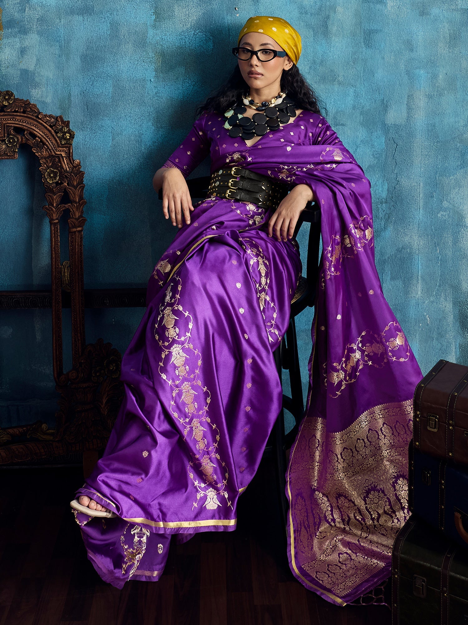 Purple Banarasi Silk Saree with Heritage Motifs - Ressa