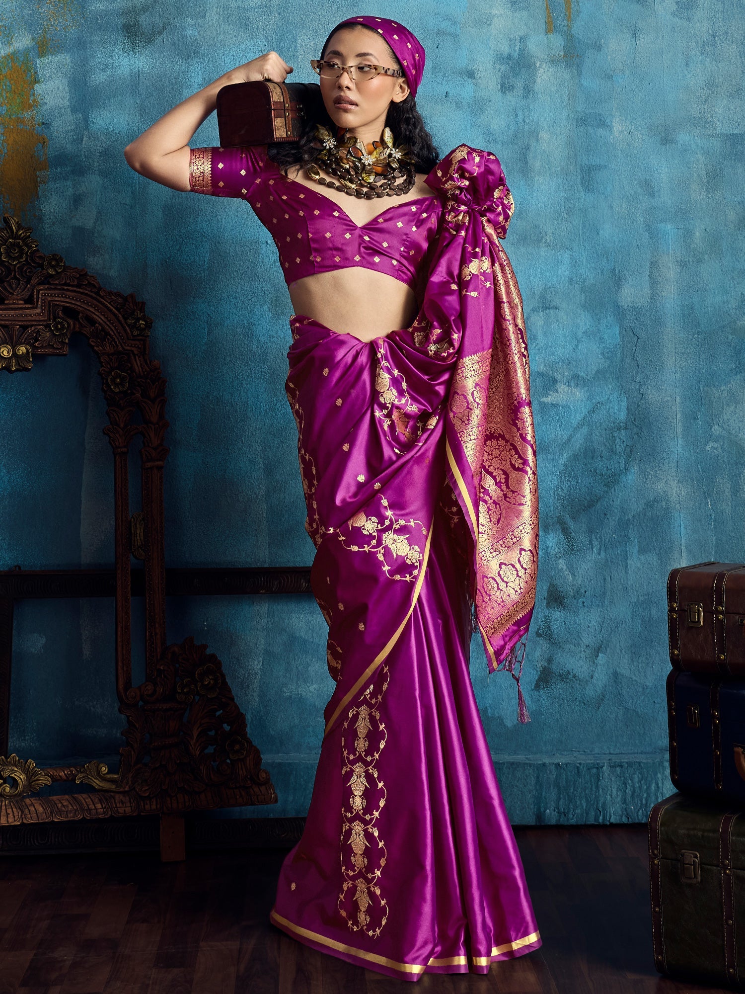 Purple Banarasi Silk Saree with Heritage Motifs - Ressa