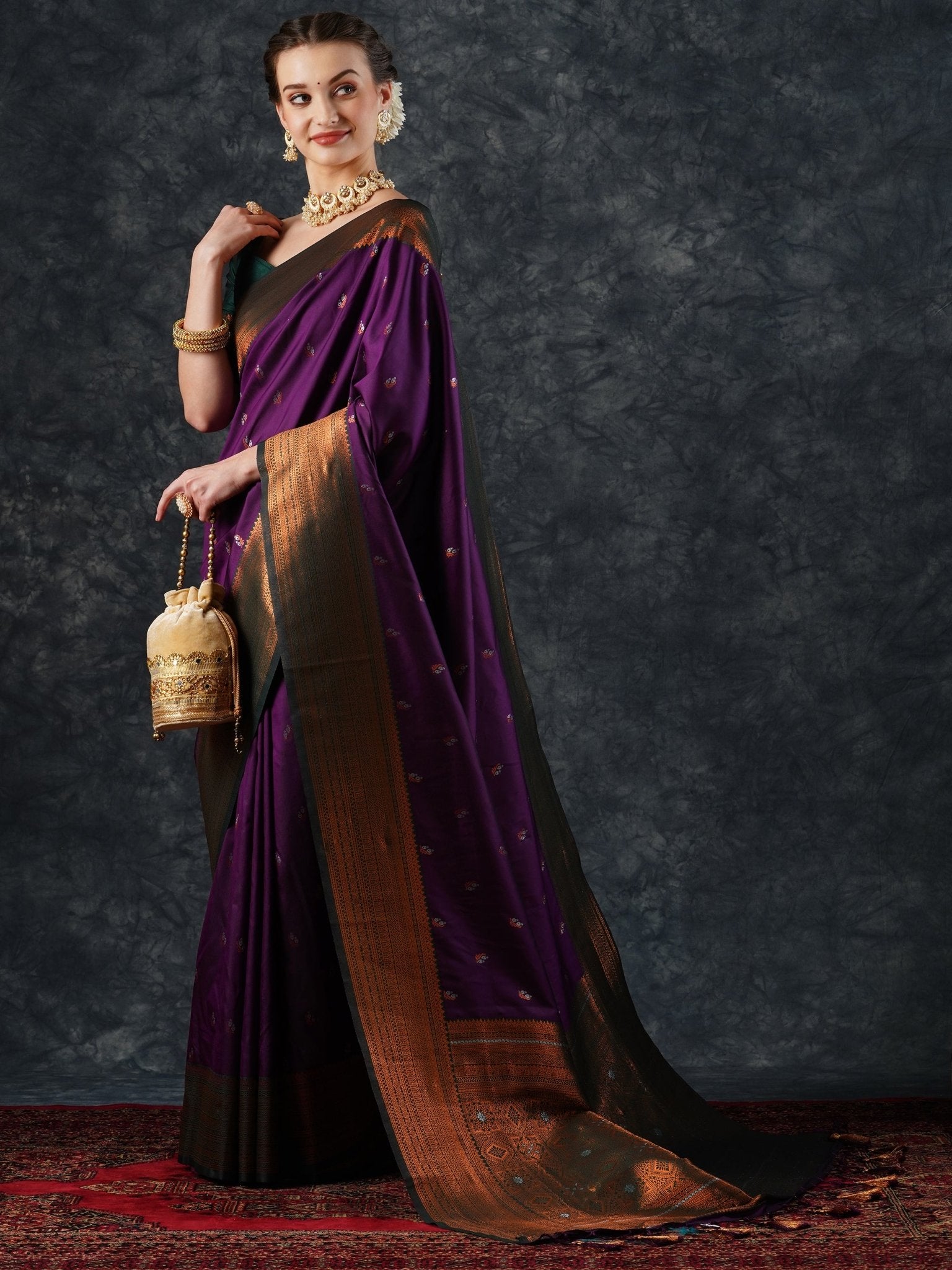 Purple Banarasi Silk Saree with Meenakari Bootis & Antique Gold Border - Ressa