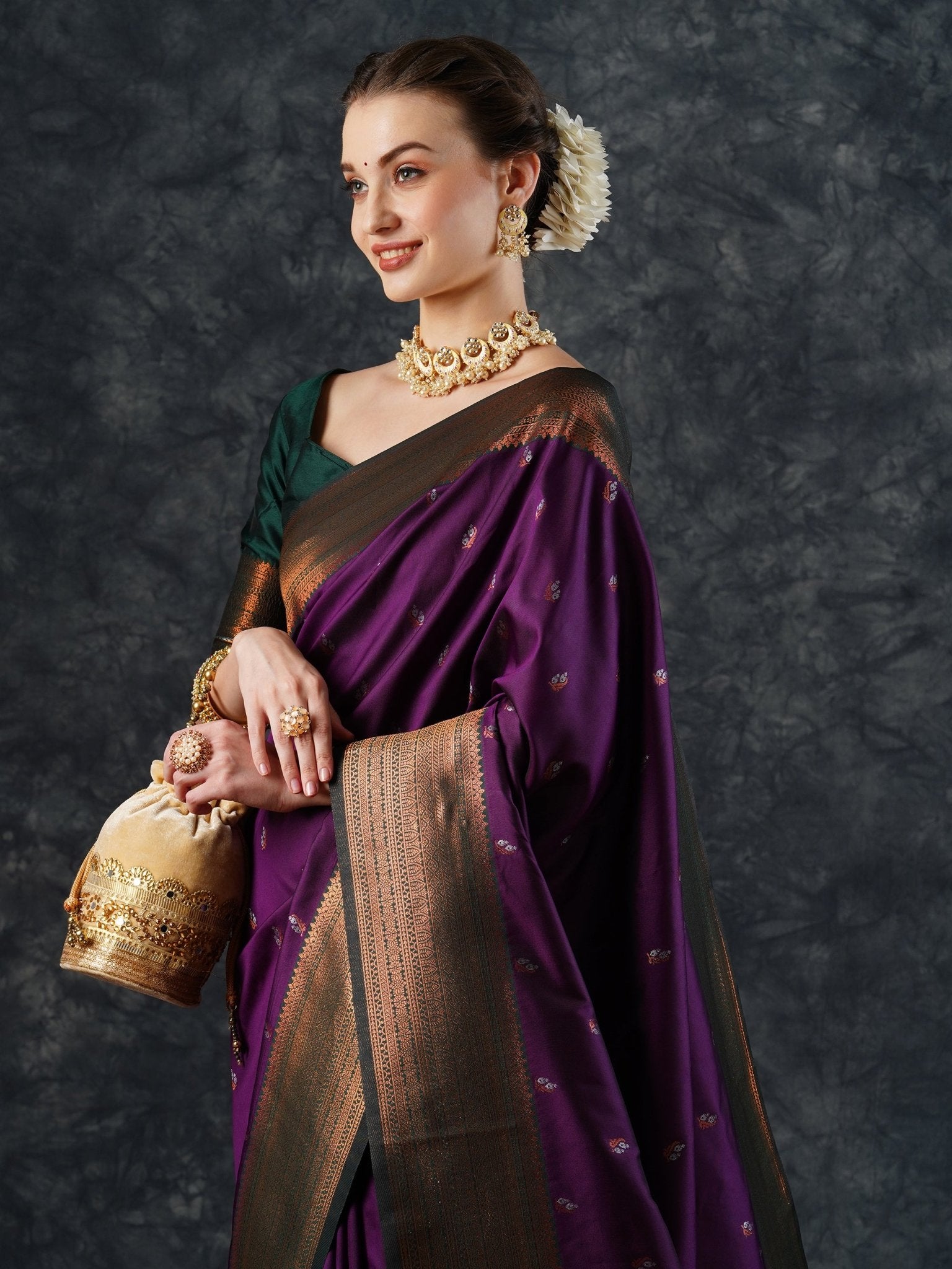 Purple Banarasi Silk Saree with Meenakari Bootis & Antique Gold Border - Ressa