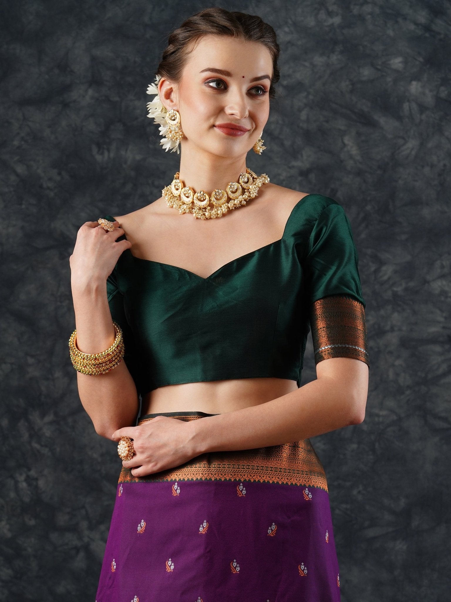 Purple Banarasi Silk Saree with Meenakari Bootis & Antique Gold Border - Ressa
