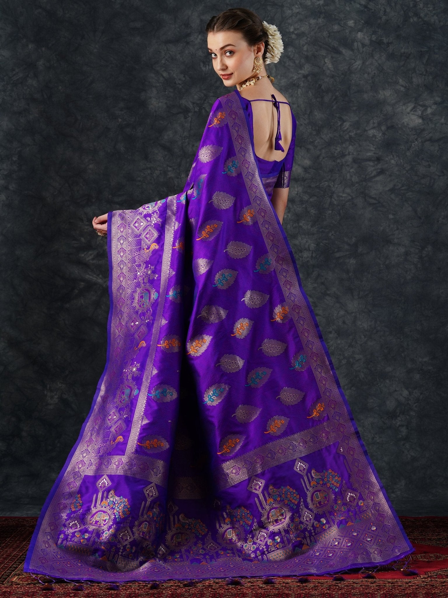 Purple Banarasi Silk Saree with Meenakari Leaf Buti & Elephant Pallu - Ressa