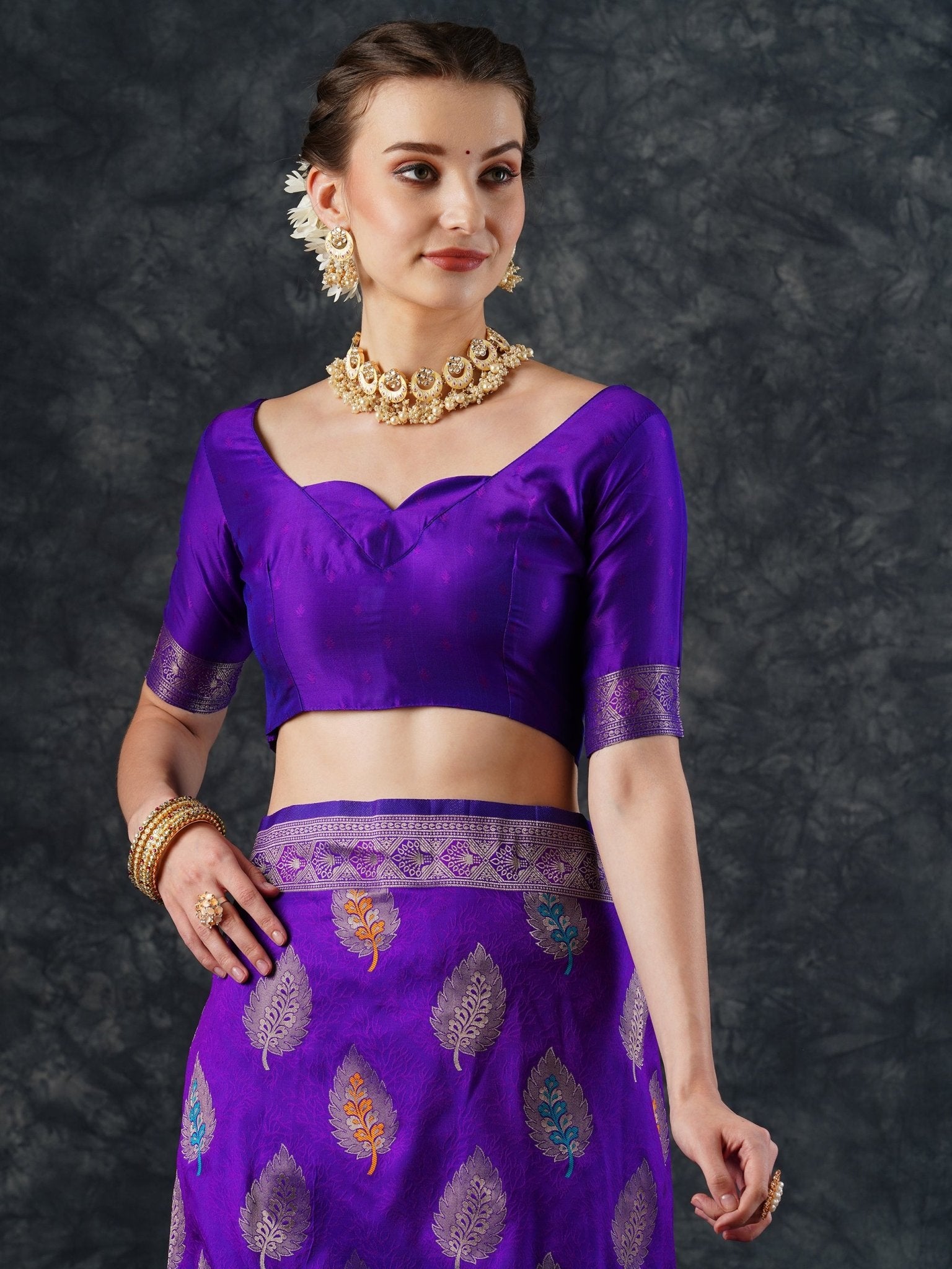 Purple Banarasi Silk Saree with Meenakari Leaf Buti & Elephant Pallu - Ressa