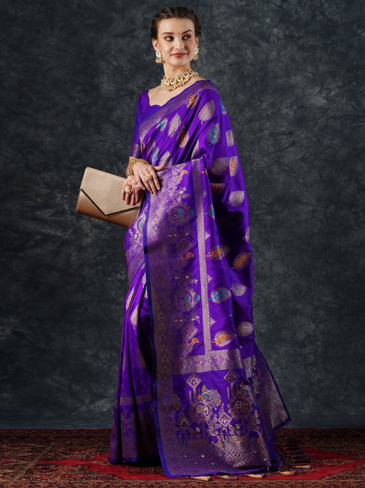 Purple Banarasi Silk Saree with Meenakari Leaf Buti & Elephant Pallu - Ressa