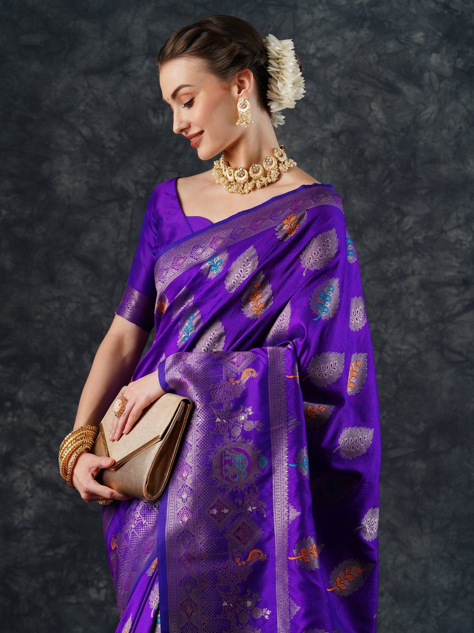 Purple Banarasi Silk Saree with Meenakari Leaf Buti & Elephant Pallu - Ressa