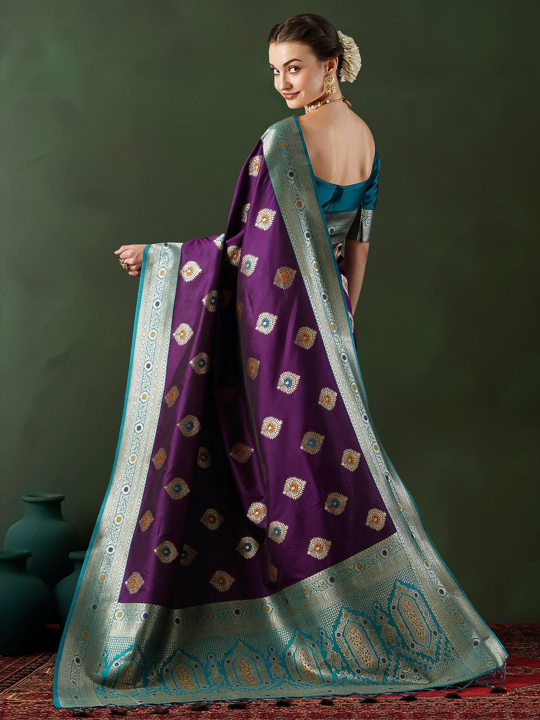 Purple Banarasi Silk Saree with Teal Zari Border & Meenakari Buti - Ressa