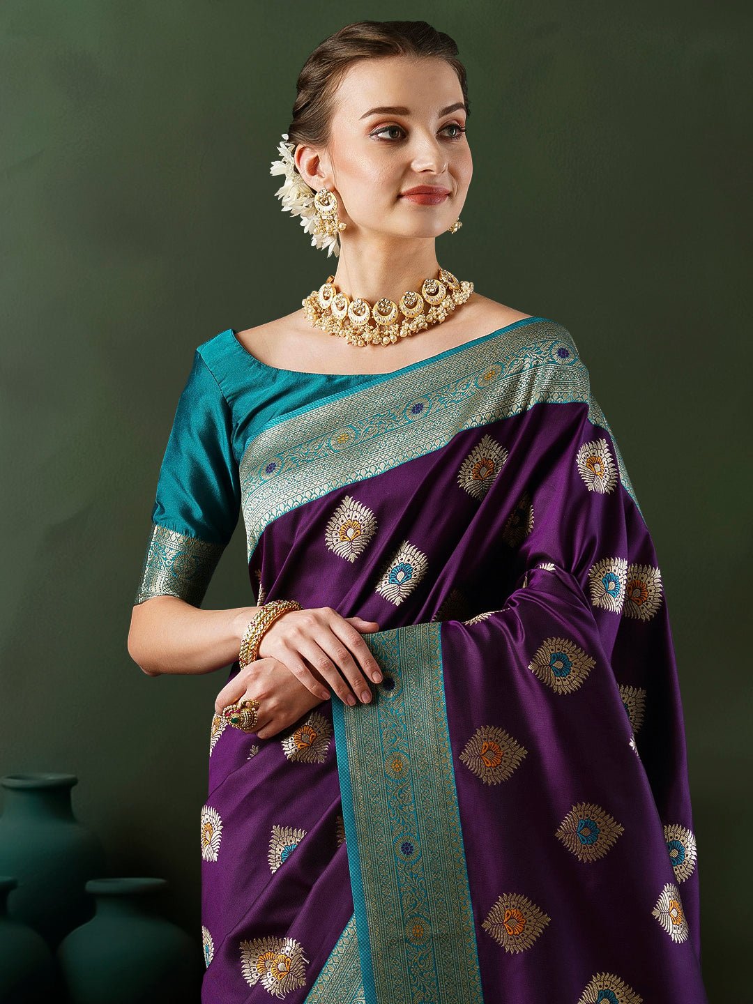 Purple Banarasi Silk Saree with Teal Zari Border & Meenakari Buti - Ressa