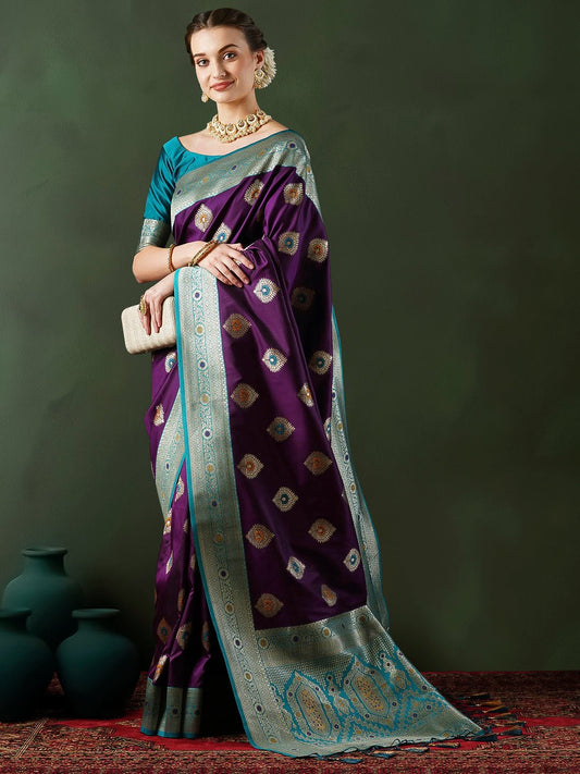 Purple Banarasi Silk Saree with Teal Zari Border & Meenakari Buti - Ressa