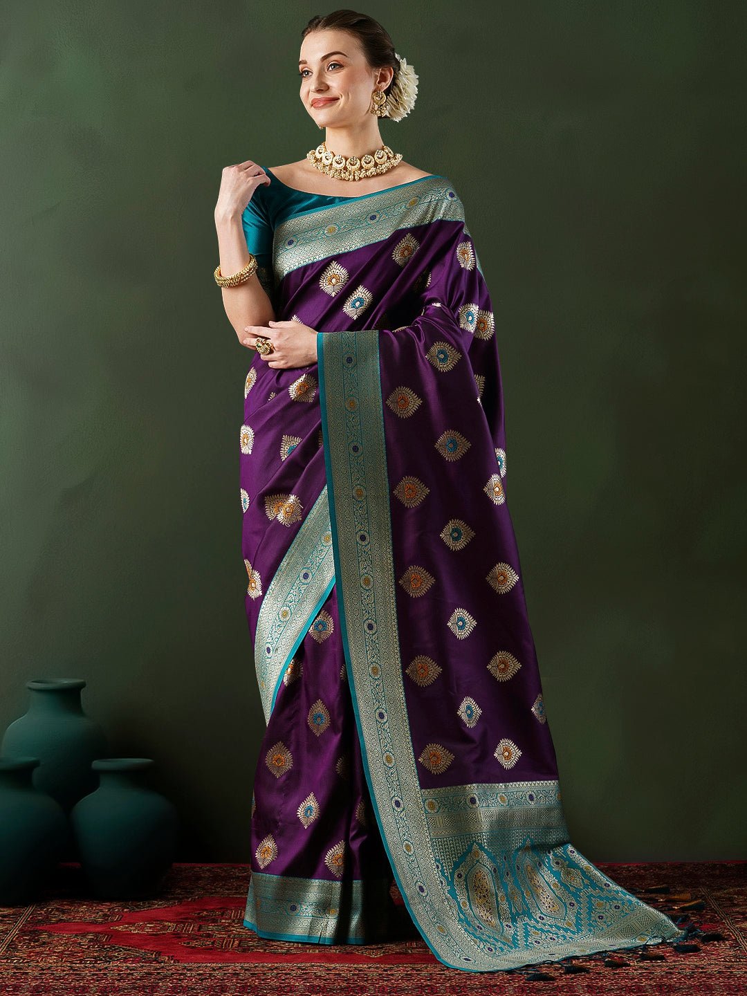 Purple Banarasi Silk Saree with Teal Zari Border & Meenakari Buti - Ressa