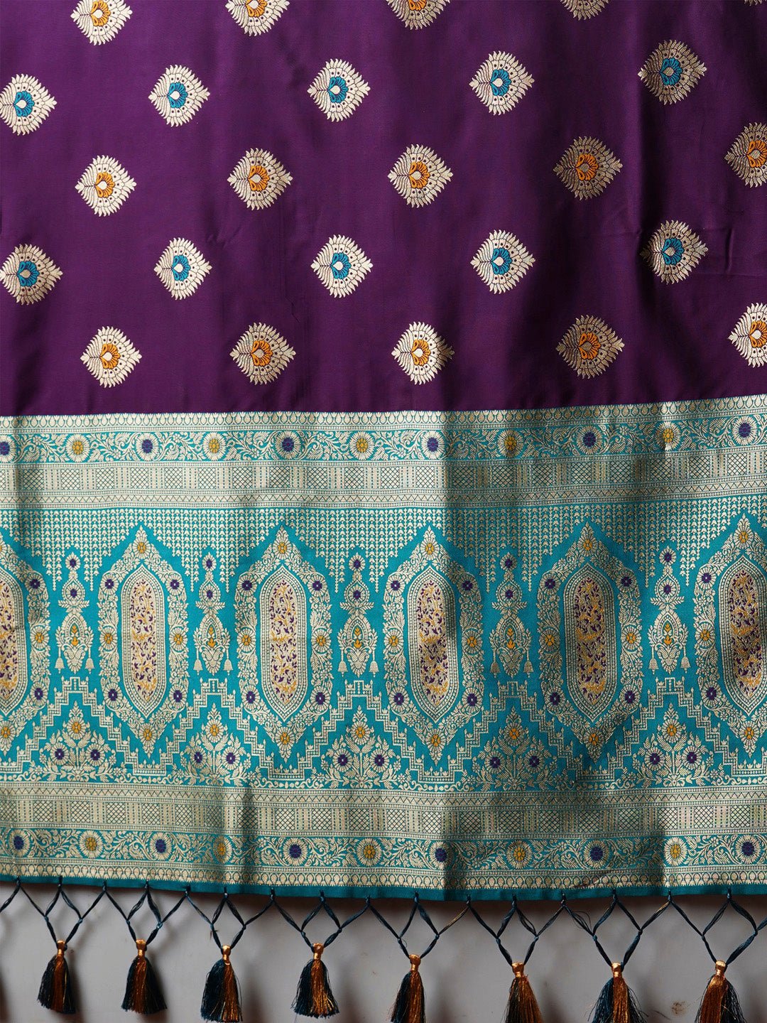 Purple Banarasi Silk Saree with Teal Zari Border & Meenakari Buti - Ressa