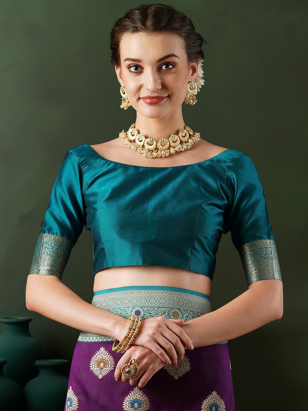 Purple Banarasi Silk Saree with Teal Zari Border & Meenakari Buti - Ressa