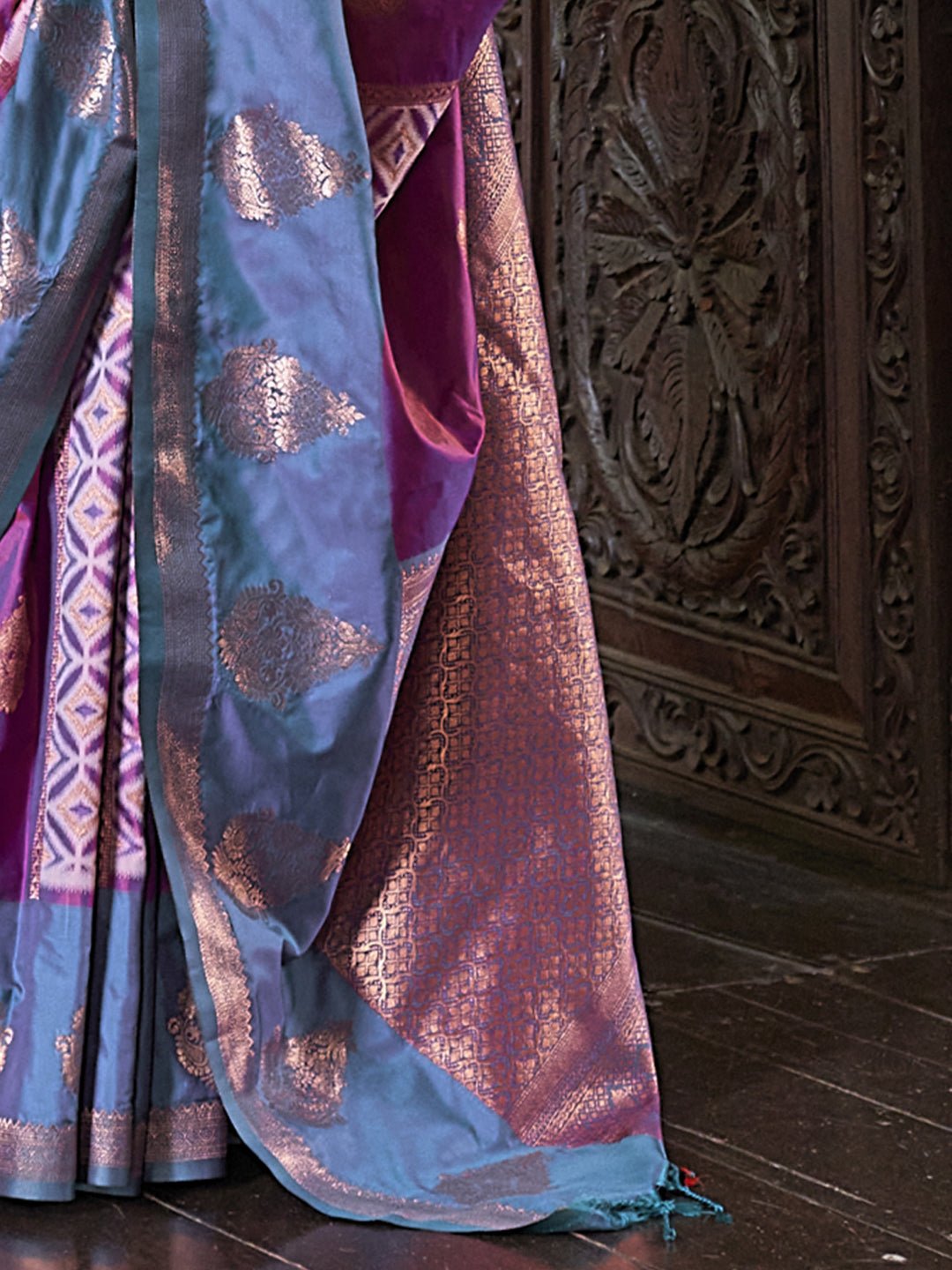 Purple & Blue Silk Blend Kanjeevaram Style Saree - Ressa