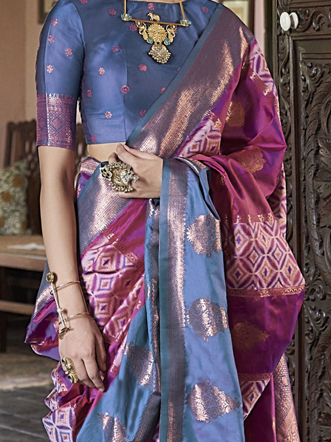 Purple & Blue Silk Blend Kanjeevaram Style Saree - Ressa