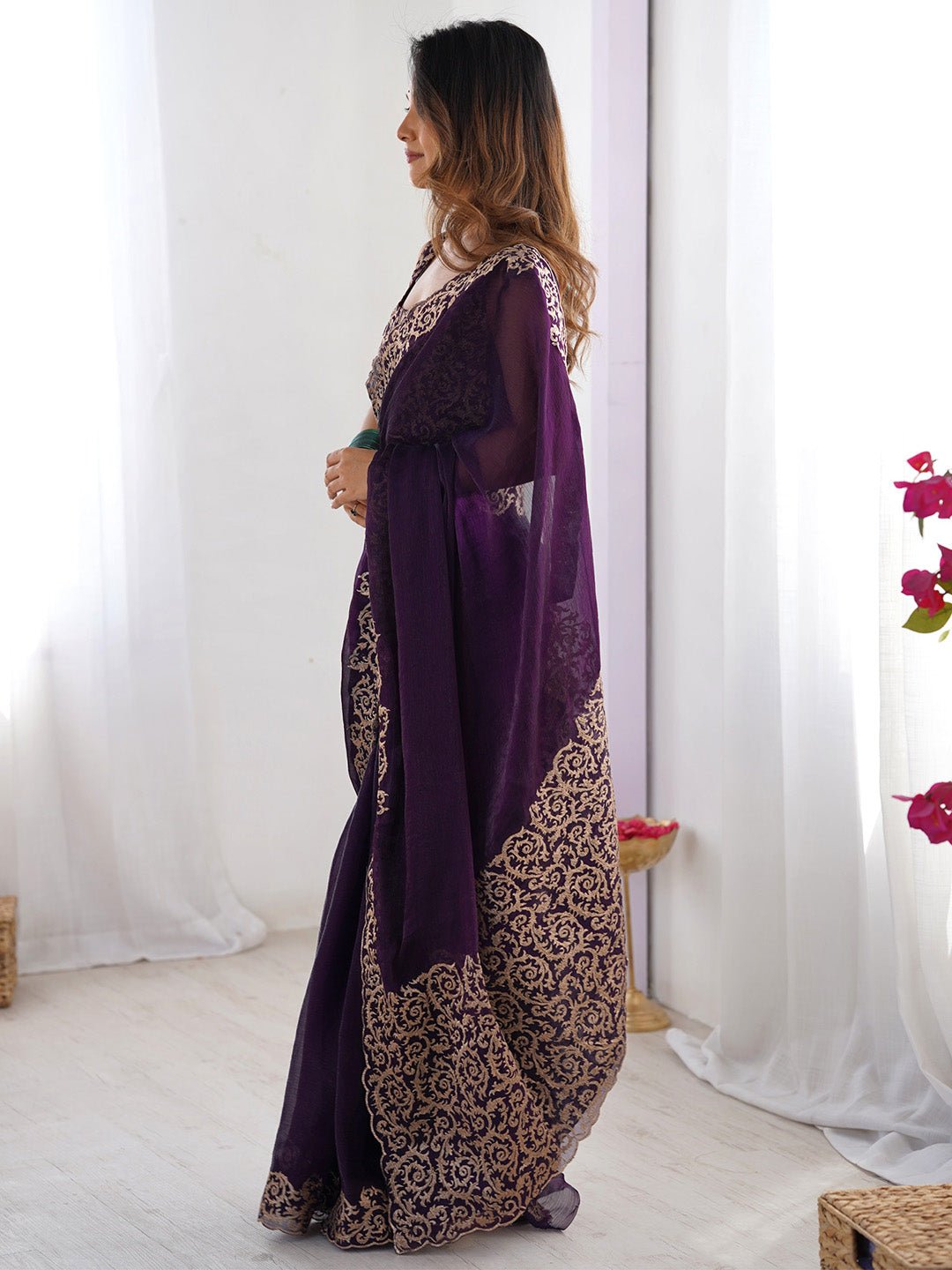 Purple Chiffon Embroidered Border Saree - Ressa