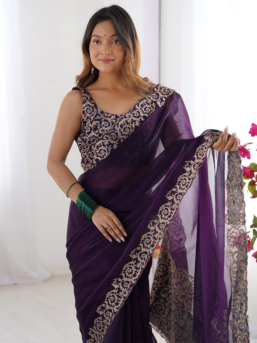 Purple Chiffon Embroidered Border Saree - Ressa