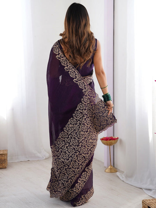 Purple Chiffon Embroidered Border Saree - Ressa