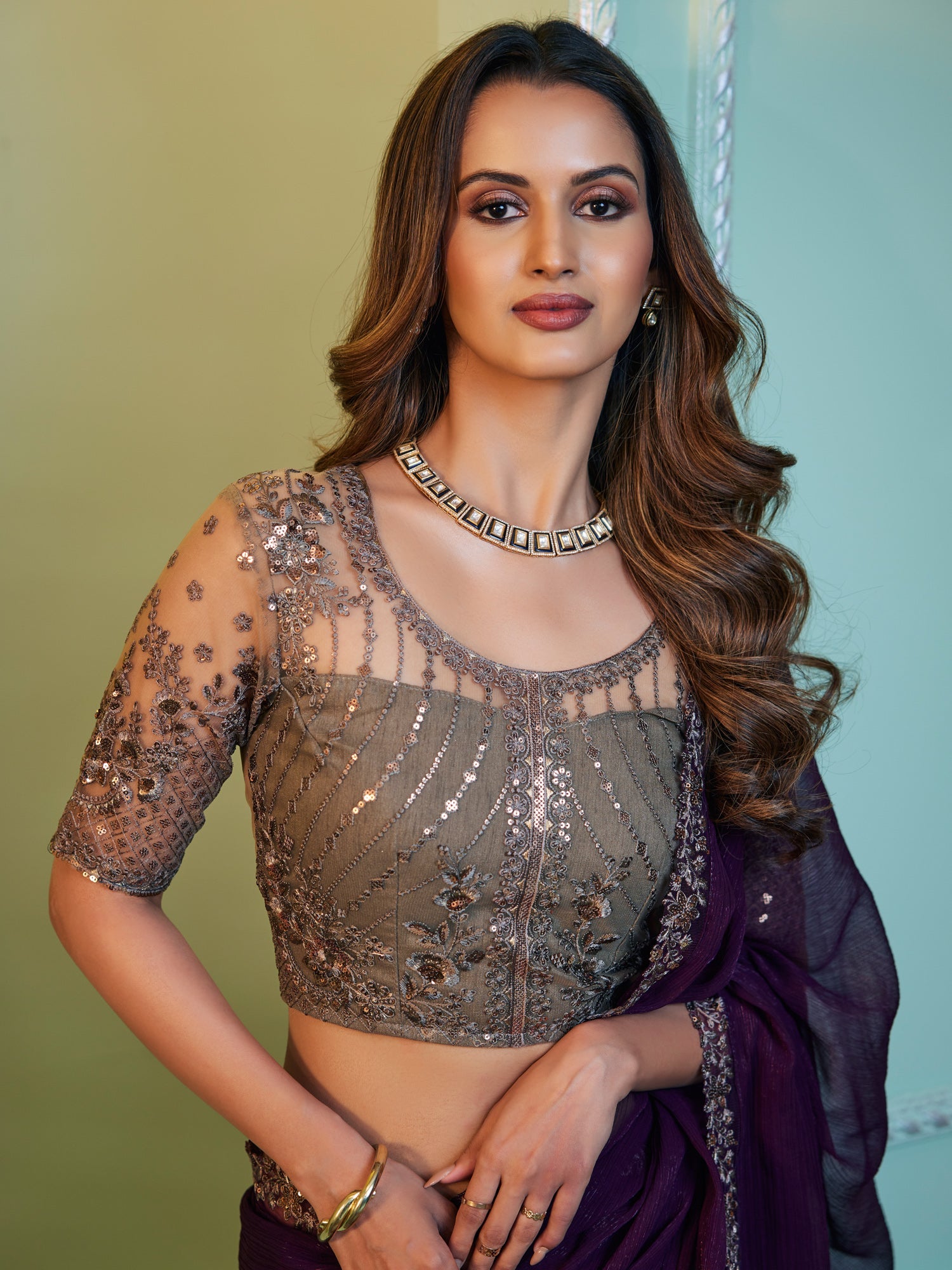 Purple Chiffon Saree with Embroidered Blouse - Ressa