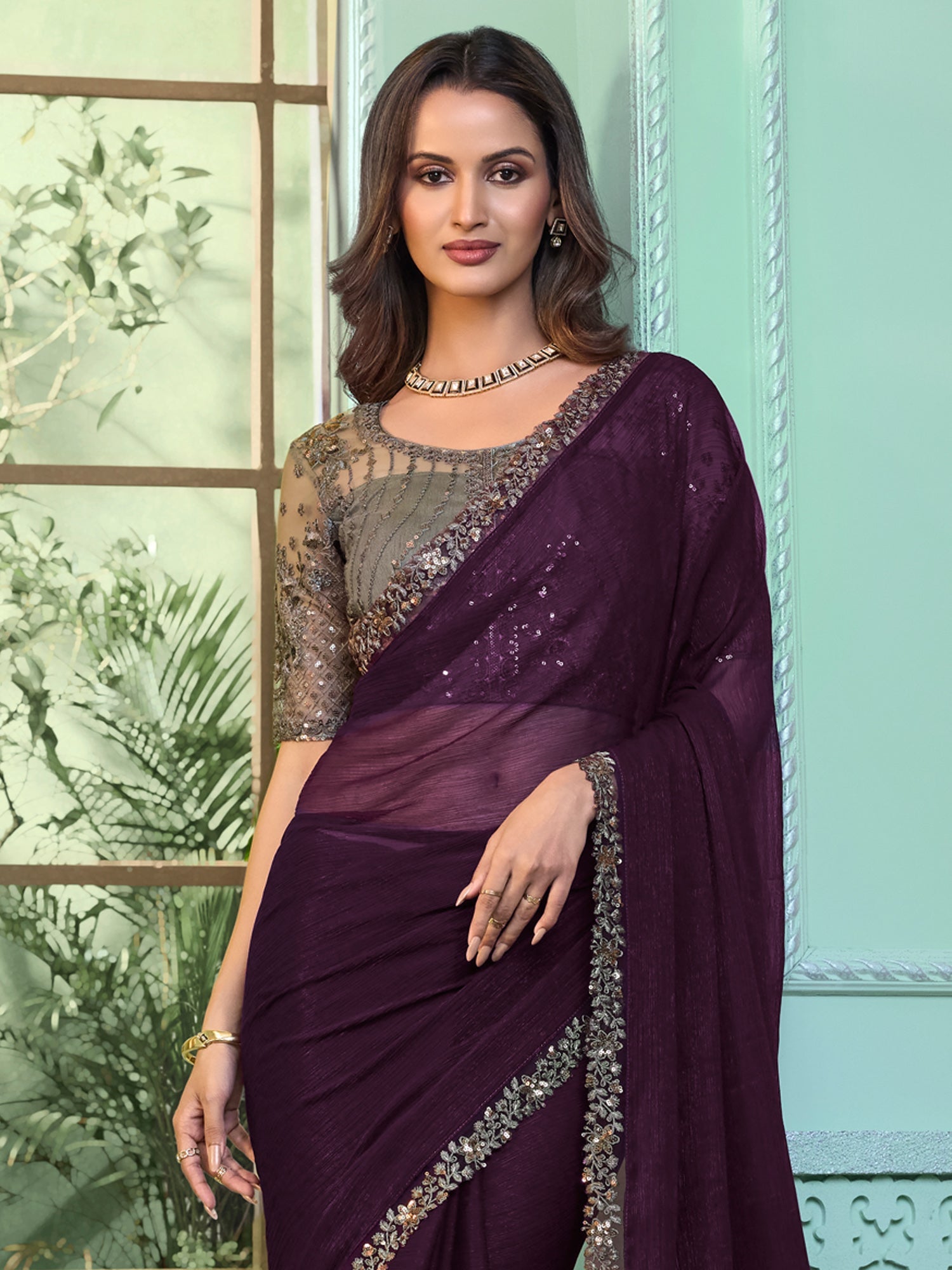 Purple Chiffon Saree with Embroidered Blouse - Ressa