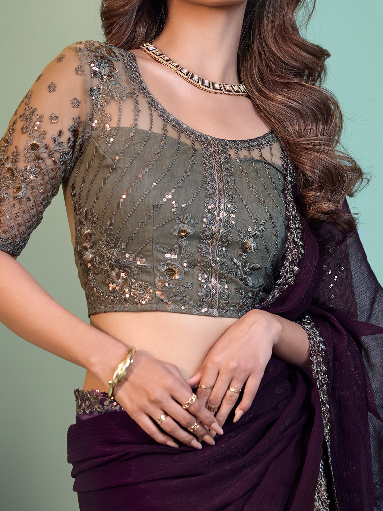 Purple Chiffon Saree with Embroidered Blouse - Ressa