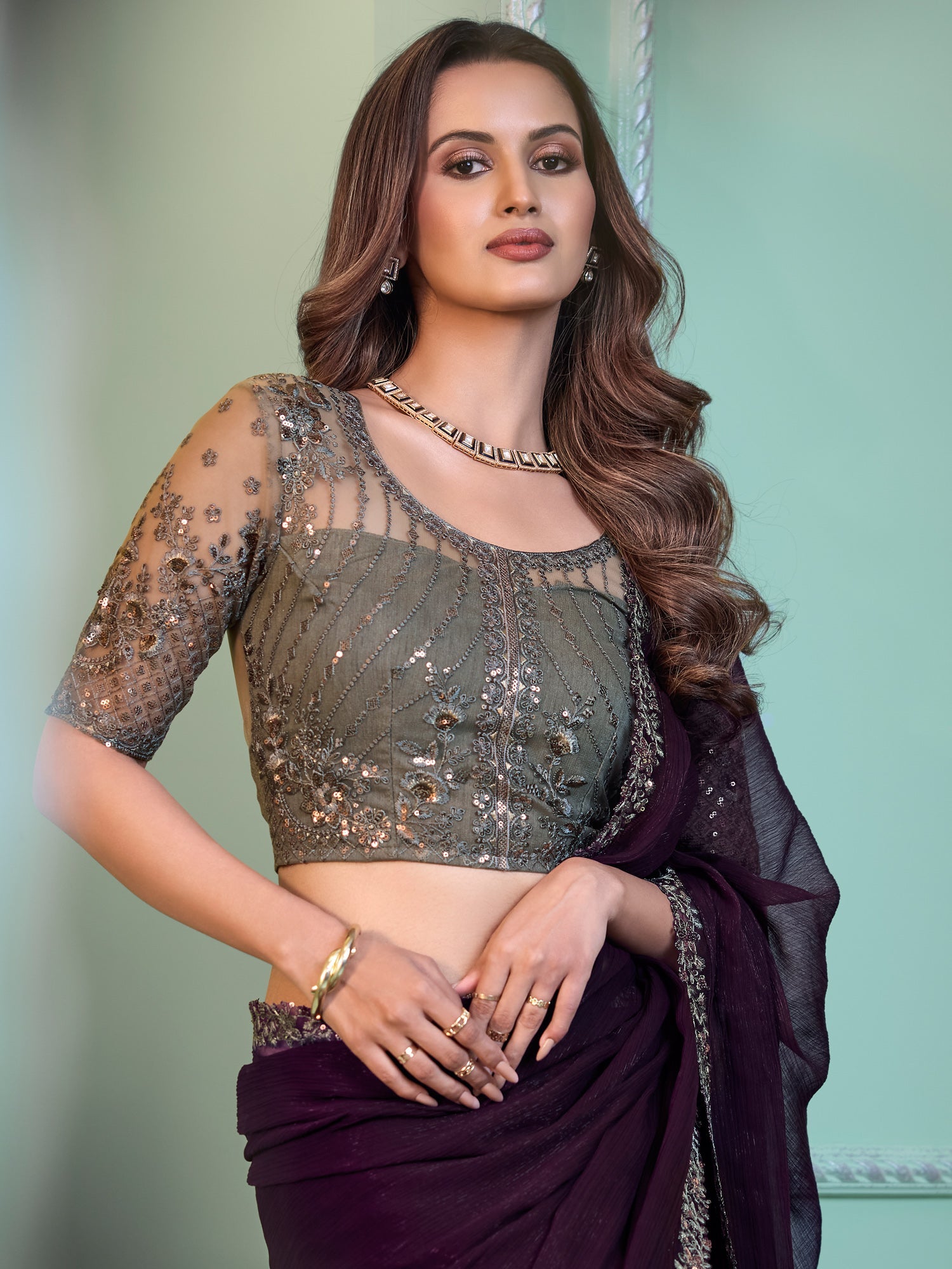 Purple Chiffon Saree with Embroidered Blouse - Ressa