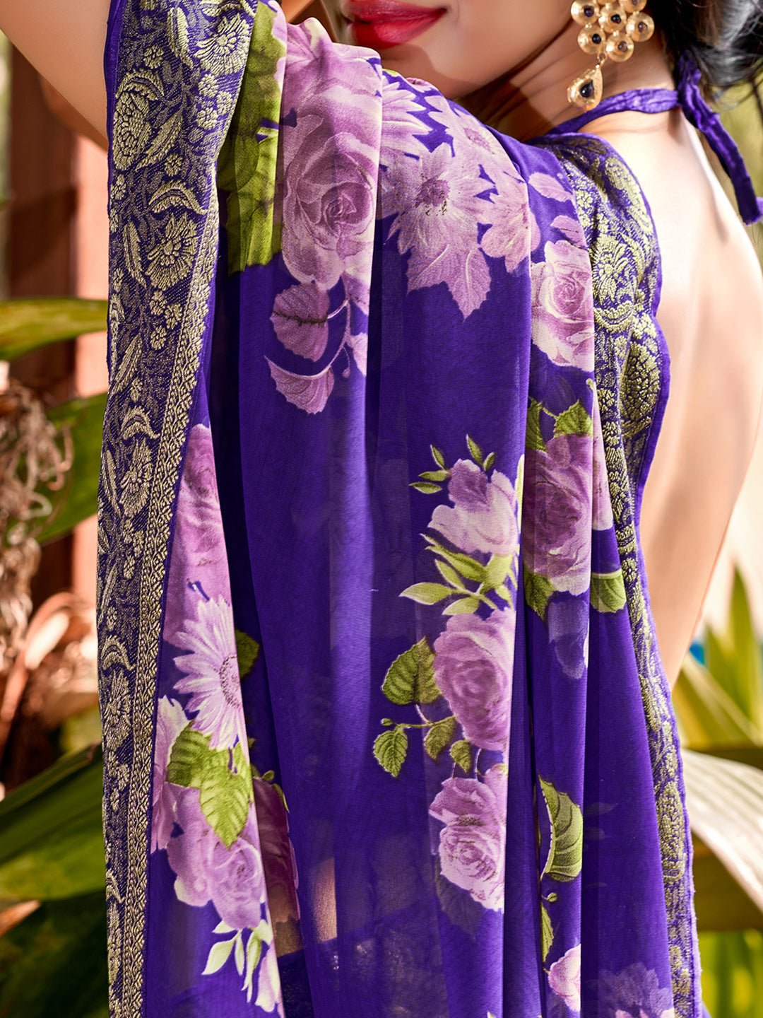 Purple Chiffon Saree with Floral Prints - Ressa