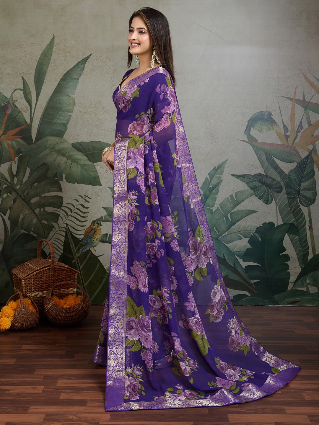 Purple Chiffon Saree with Floral Prints - Ressa