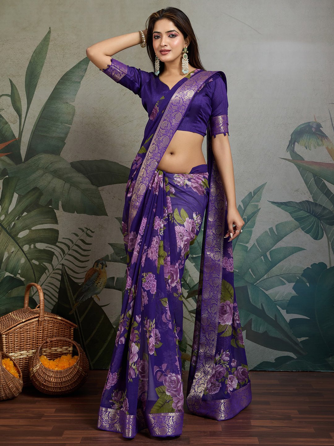 Purple Chiffon Saree with Floral Prints - Ressa