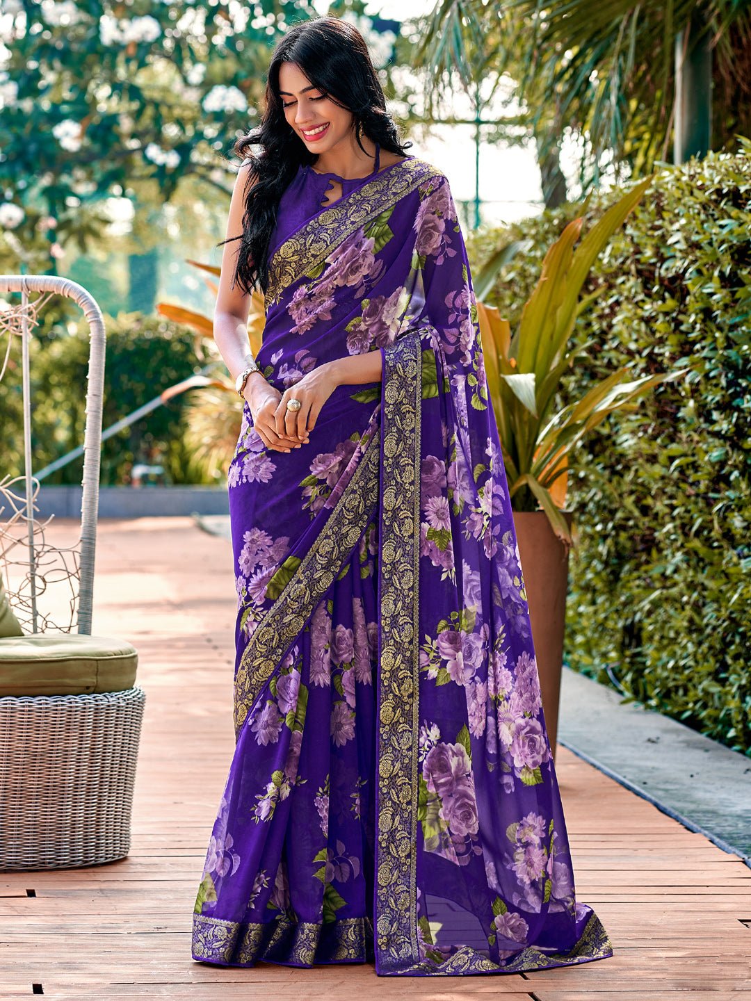 Purple Chiffon Saree with Floral Prints - Ressa