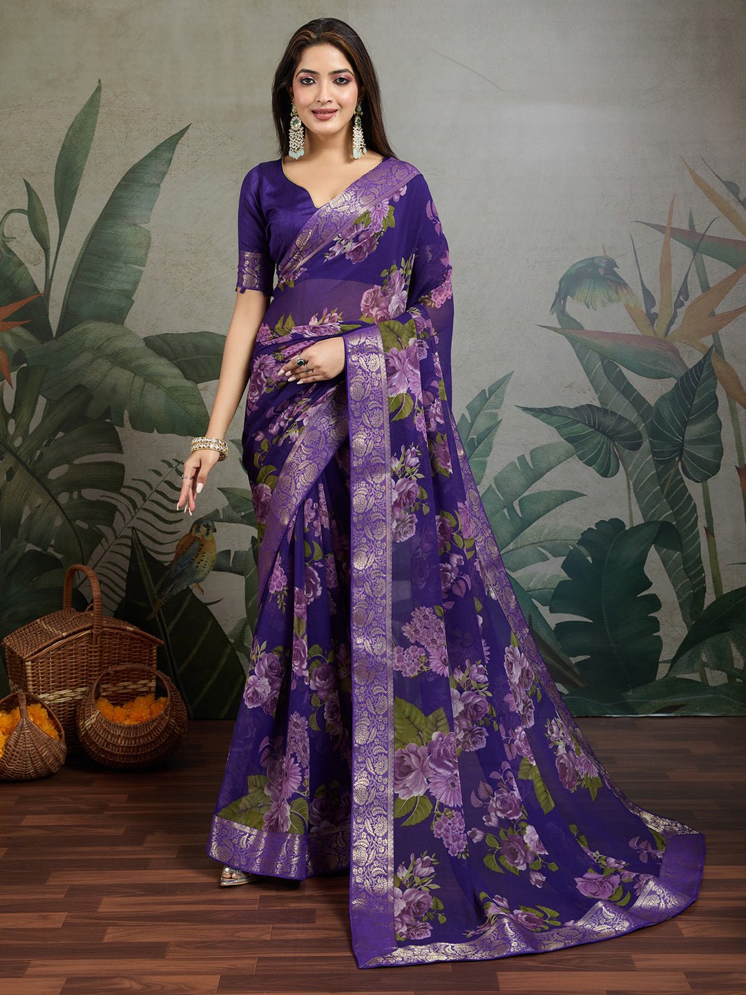Purple Chiffon Saree with Floral Prints - Ressa