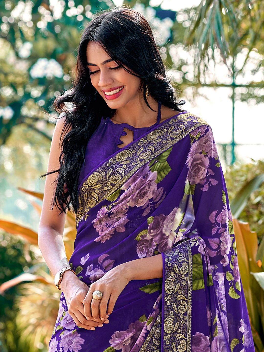 Purple Chiffon Saree with Floral Prints - Ressa
