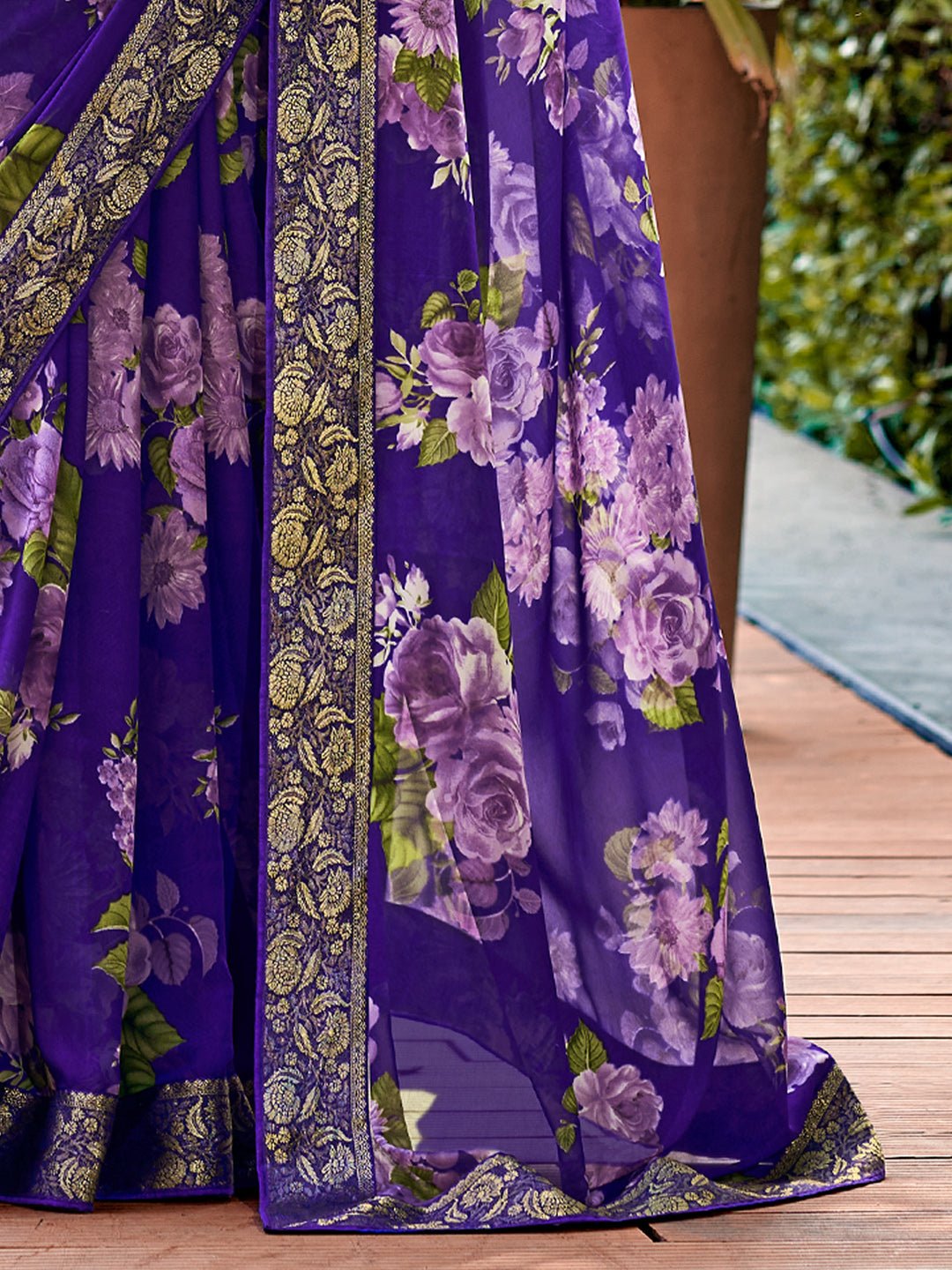 Purple Chiffon Saree with Floral Prints - Ressa