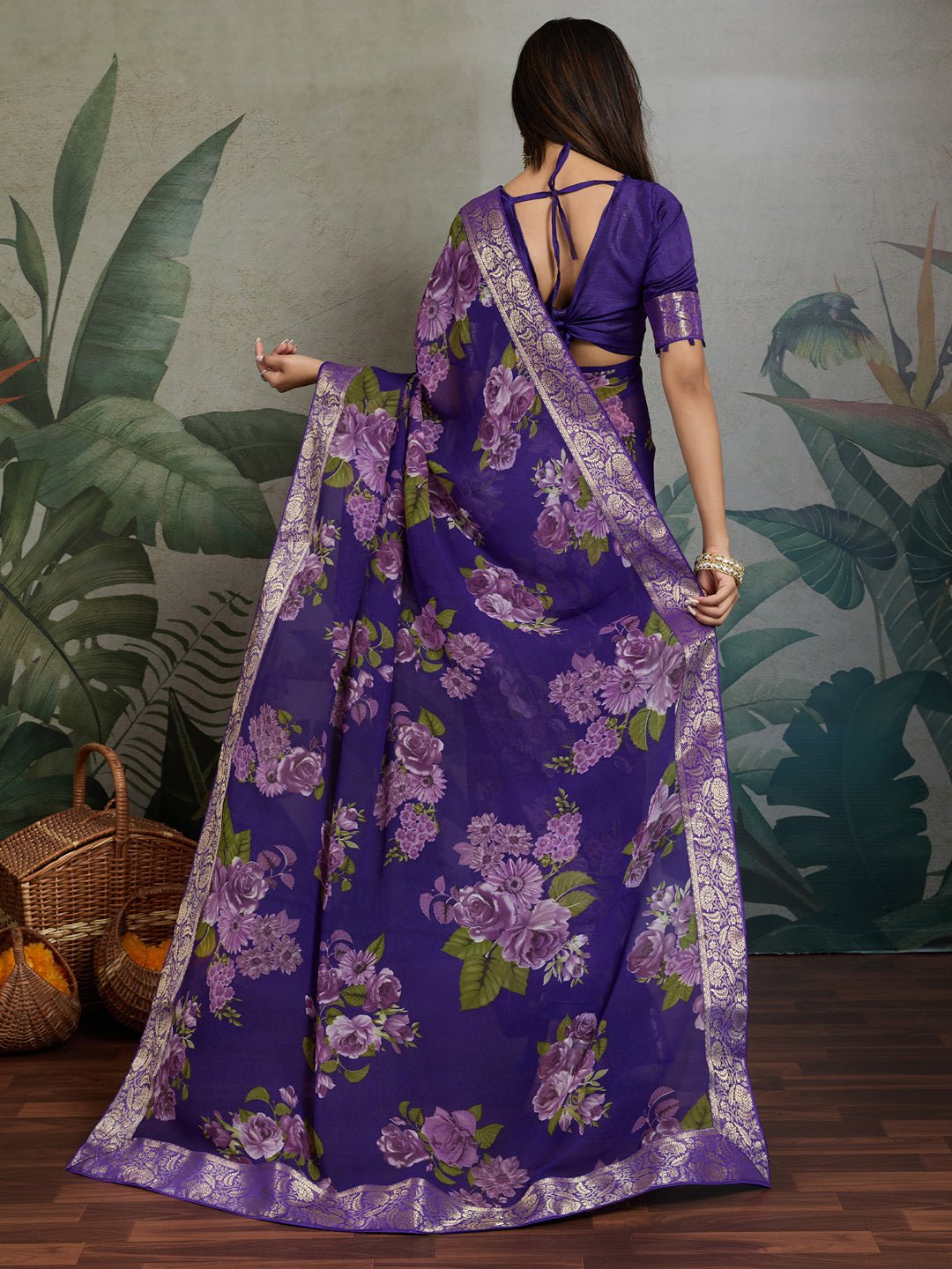 Purple Chiffon Saree with Floral Prints - Ressa