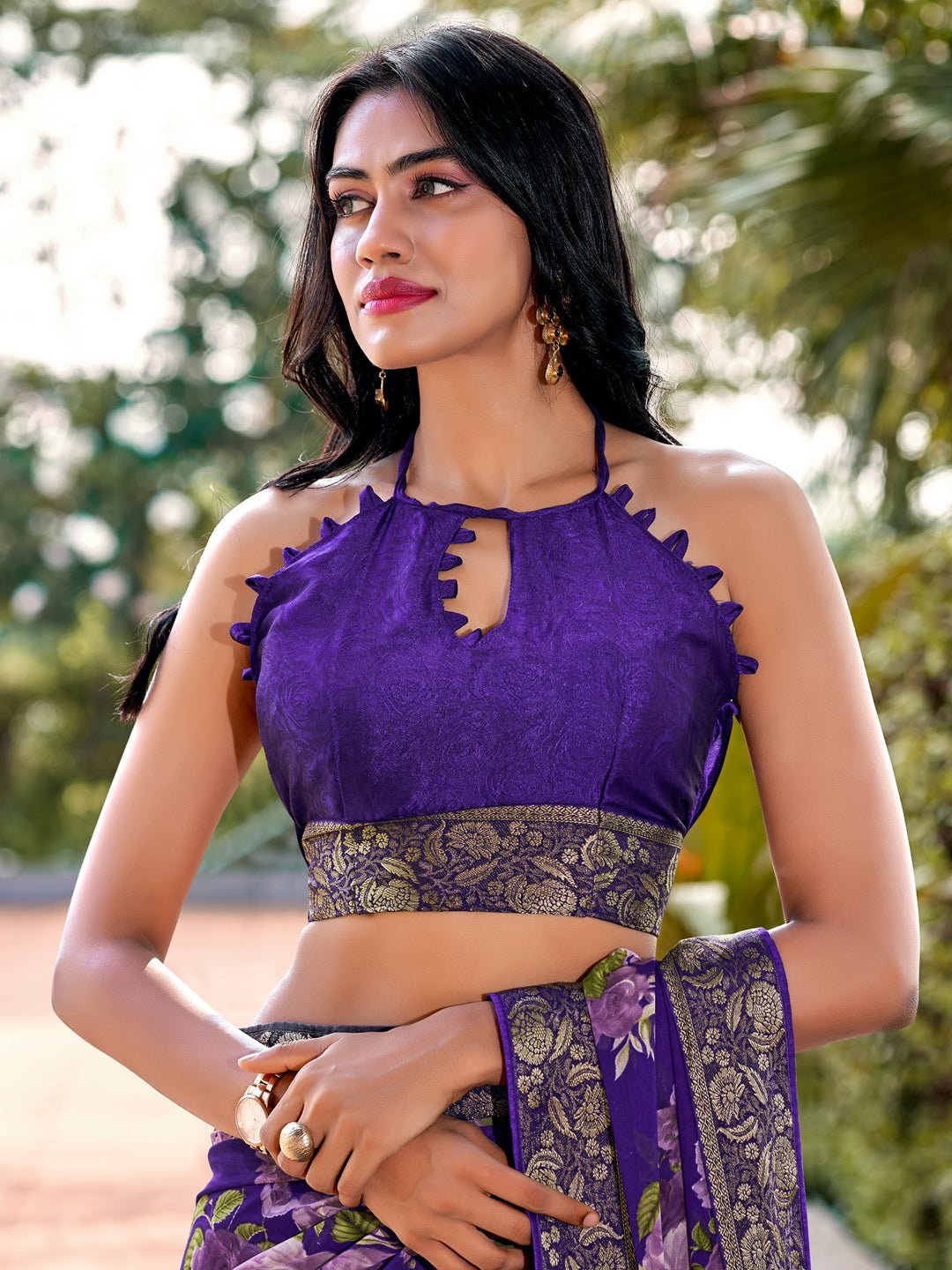 Purple Chiffon Saree with Floral Prints - Ressa