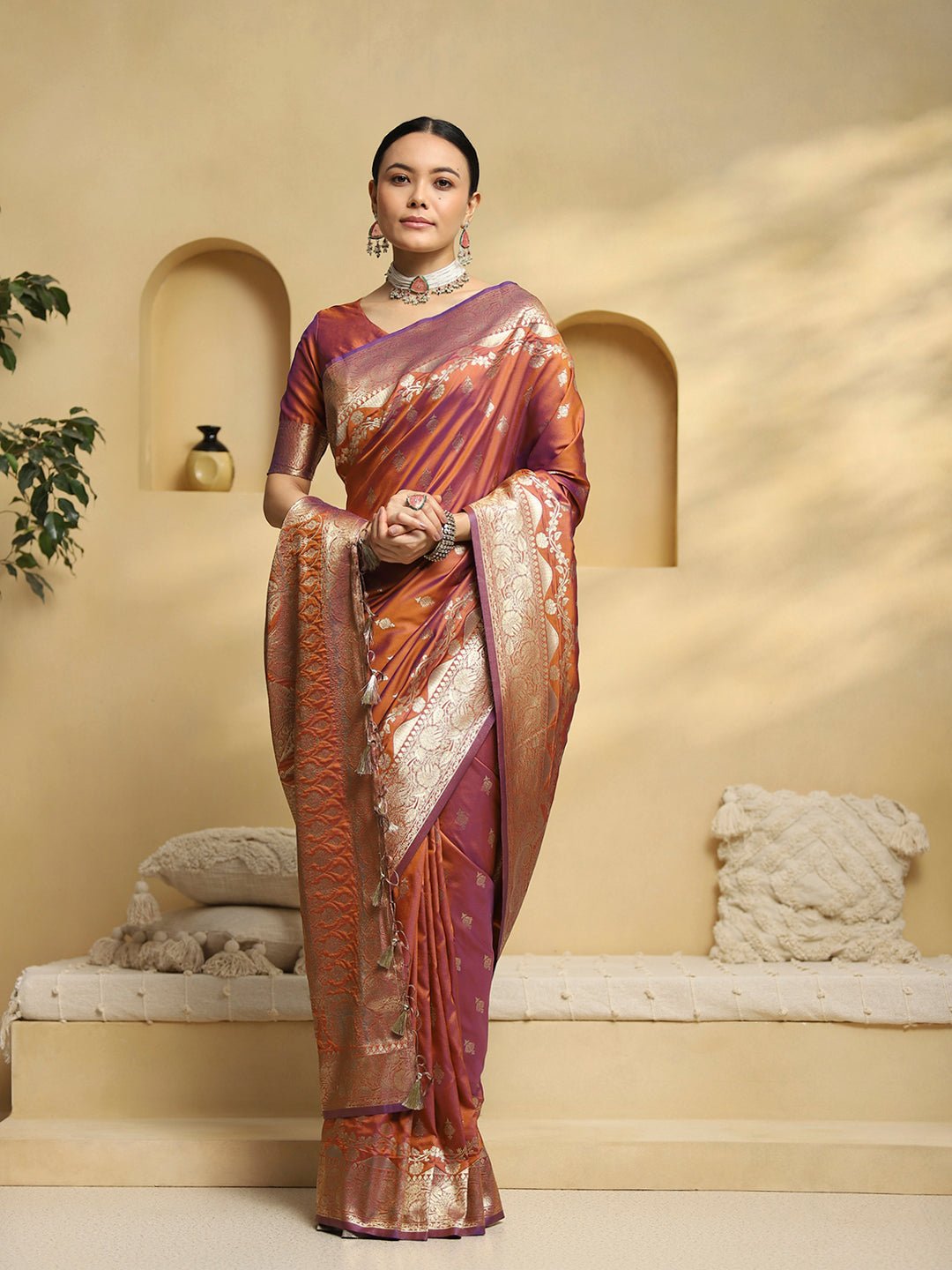 Purple & Copper Banarasi Silk Saree - Ressa