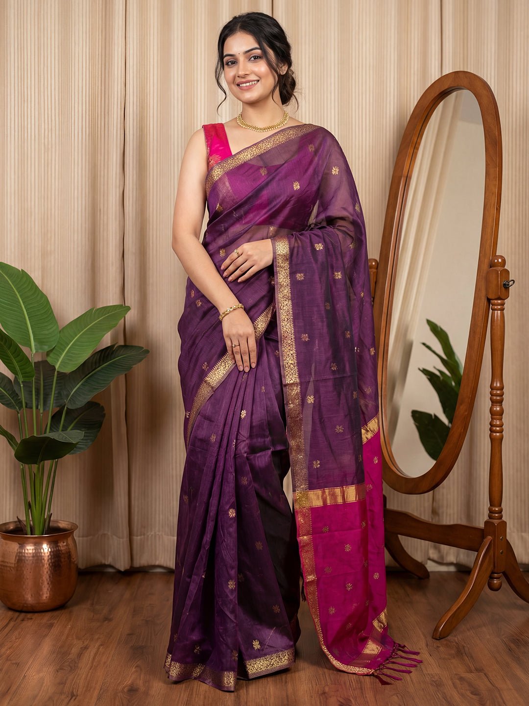 Purple Cotton Silk Maheshwari Pattern Saree - Ressa