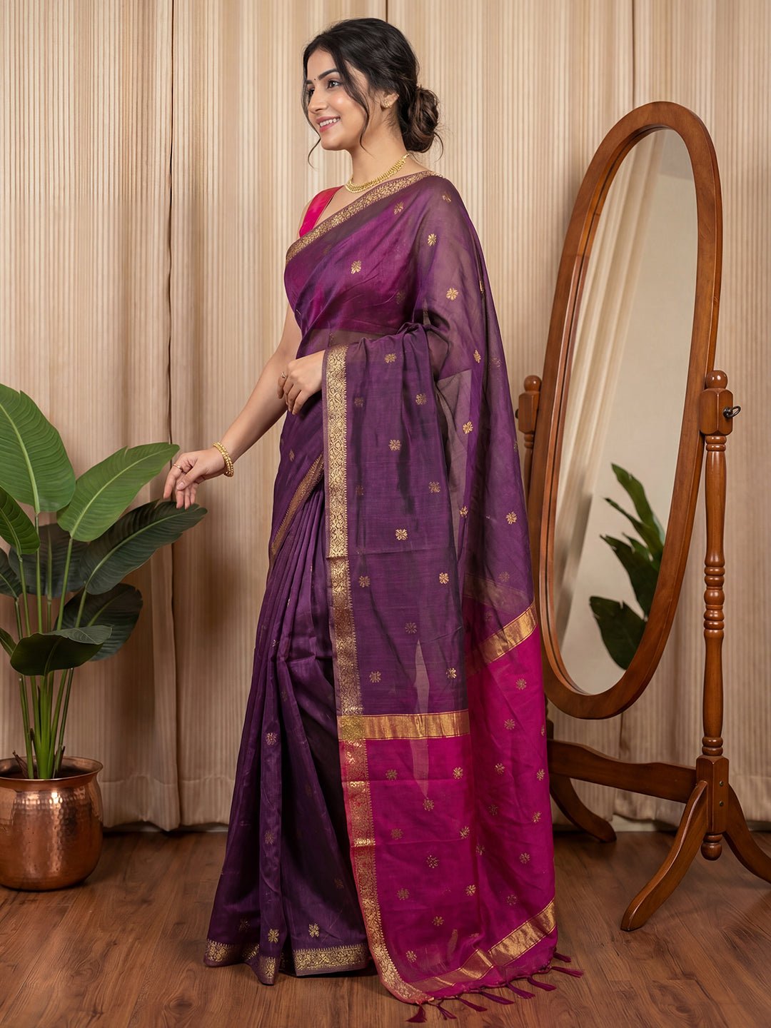 Purple Cotton Silk Maheshwari Pattern Saree - Ressa