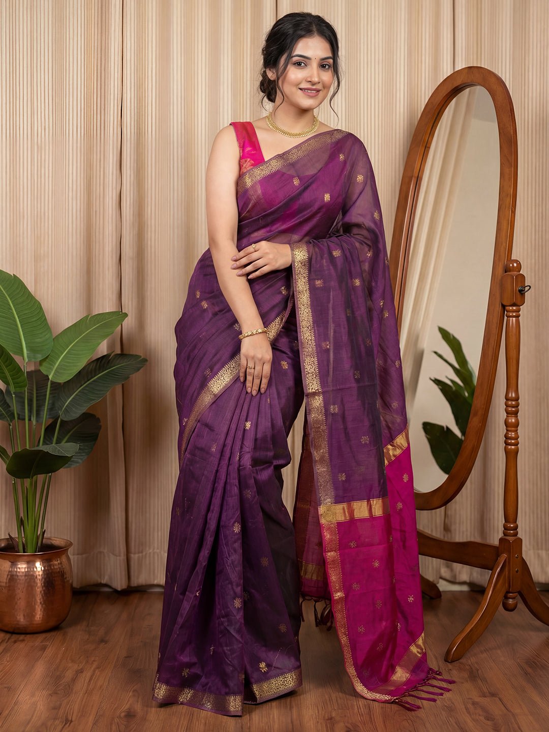 Purple Cotton Silk Maheshwari Pattern Saree - Ressa