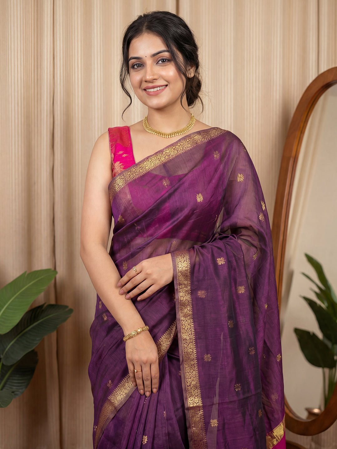 Purple Cotton Silk Maheshwari Pattern Saree - Ressa