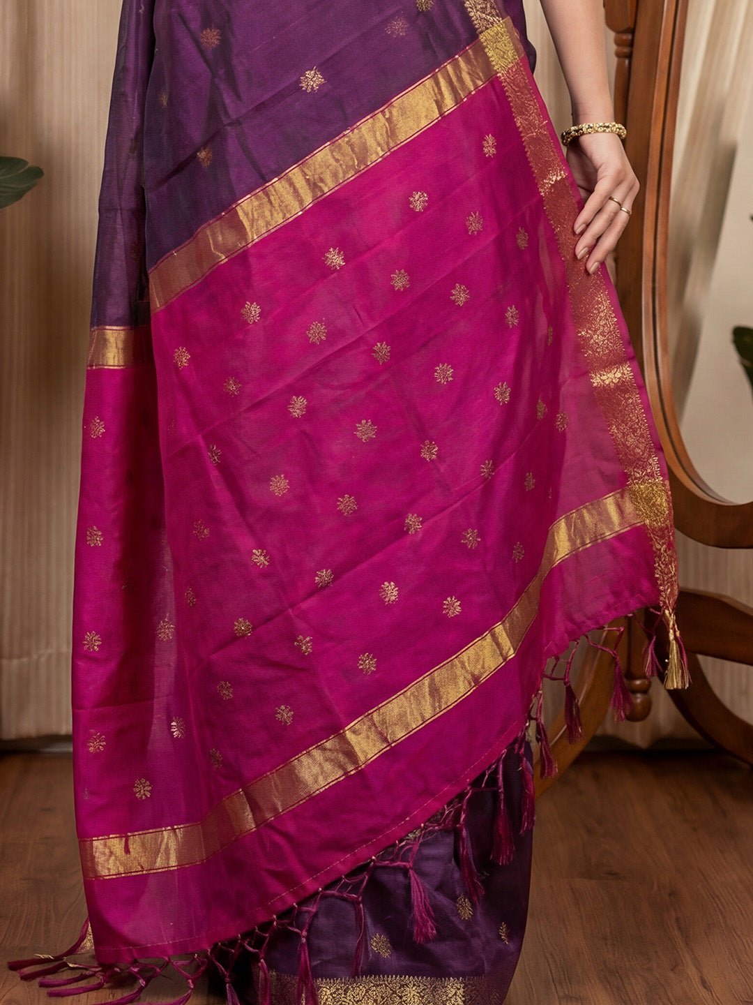 Purple Cotton Silk Maheshwari Pattern Saree - Ressa