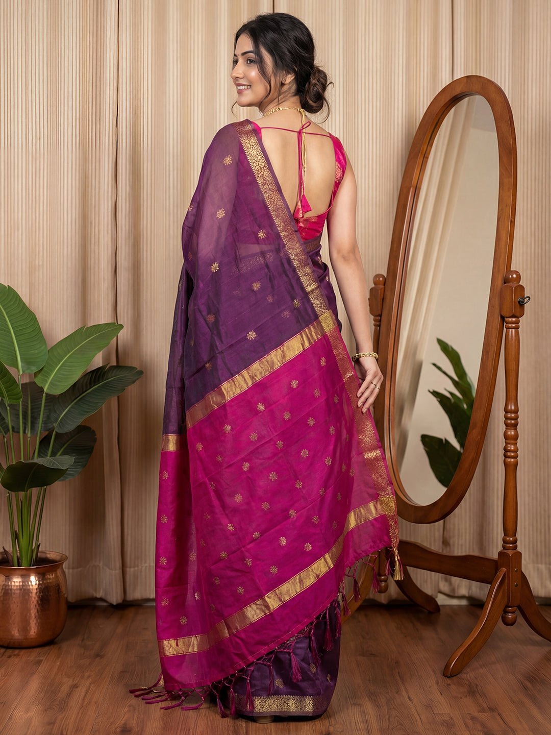 Purple Cotton Silk Maheshwari Pattern Saree - Ressa