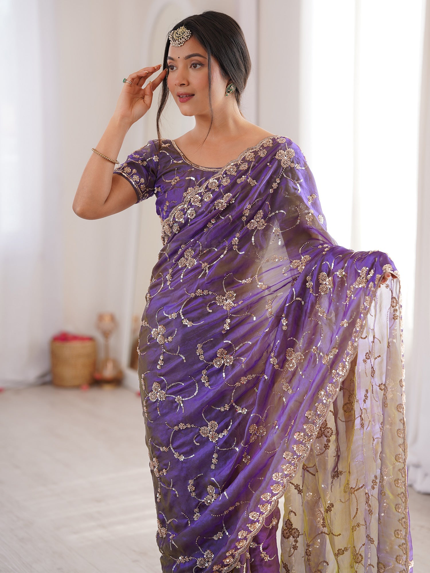 Purple Embroidered Organza Saree with Cutwork Border - Ressa