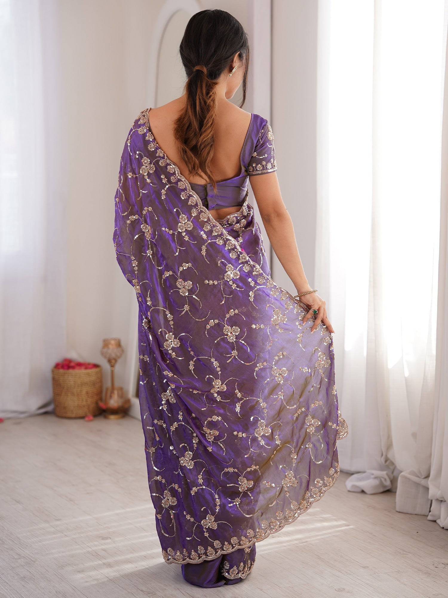 Purple Embroidered Organza Saree with Cutwork Border - Ressa