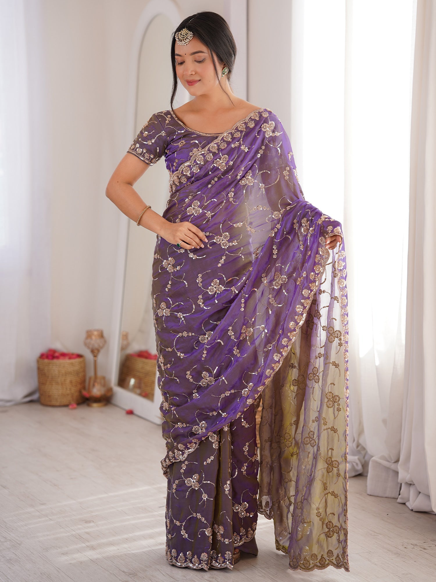 Purple Embroidered Organza Saree with Cutwork Border - Ressa